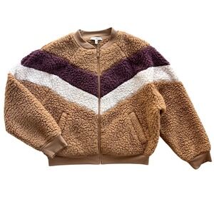 EXPRESS One Eleven Lg Brown White Stripe Sherpa Bomber Zip Jacket Cozy Warm Boho